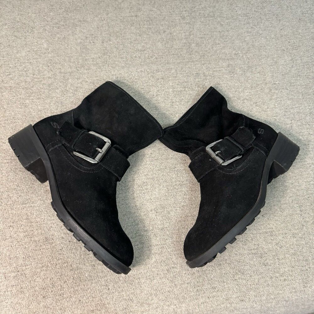 VTG Y2K Skechers Boots Black Suede Leather Pull On Ankle Motto 2000s Women 7.5